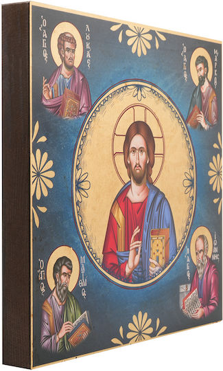 Christ Pantocrator 4 Evangelists Saint Icon Aged Gilding Wooden 14 X 14 Cm 5.5 X 5.5 In