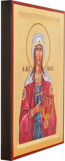 Saint Cecilia Traditional Silk Screen Icon Handmade Wood Background 18k Gold Leaf 18 X 25 Cm 7.1 X 9.8 In