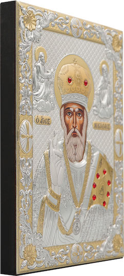 Heiligenikone St. Nikolaus Emaillierte Darstellung auf Holz Material 13.5 x 17.5 cm 5.3 x 6.9 in