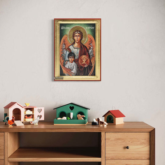 Guardian Angel Traditional Silk Screen Icon Handmade Wood Background 18k Gold Leaf 14 X 18 Cm 5.5 X 7.1 In
