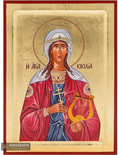 Saint Cecilia Icon Traditional Silk Screen Printing Wood Handmade Background 18k Gold Leaf 14 X 18 Cm 5.5 X 7.1 In