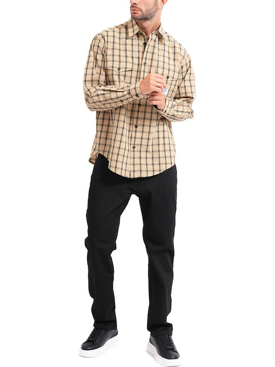 Long Sleeve Cotton Overshirt In Regular Fit Checked Black-Beige