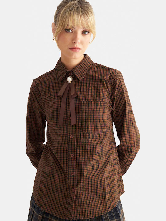 Long Sleeve Women's Shirt Brown Checked