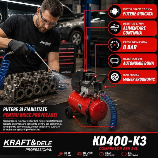 Kraft & Dele Cu o singură fază Compresor de aer cu Putere 3.8hp și Rezervor de aer 24lt NR853