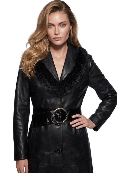 Leder Damenmäntel Schwarz Damenmäntel mit Fell Details