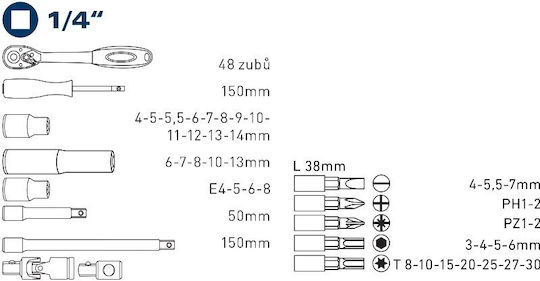 Set Chei Tubulare Extol cu Clichet 1/4" 45 Piese Torx