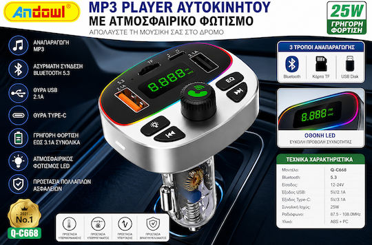 Andowl FM Transmitter Auto mit Bluetooth USB und Typ-C