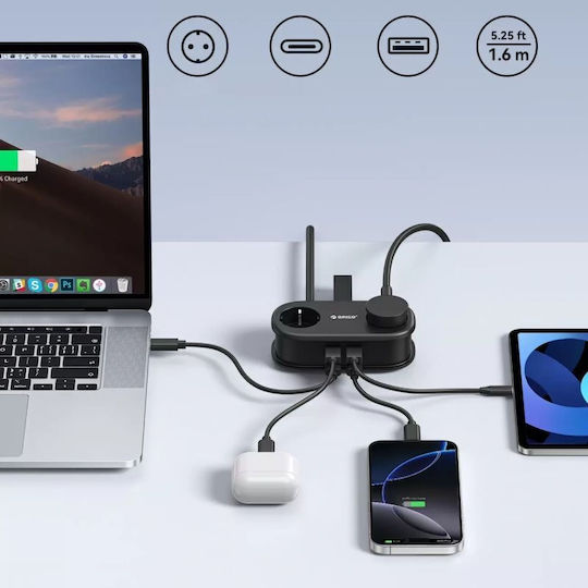 Orico GaN Charging Station With 2 USB-A Output Ports And USB-C Output Port And USB-C Cable 20W Power Delivery In Black Colour AP3