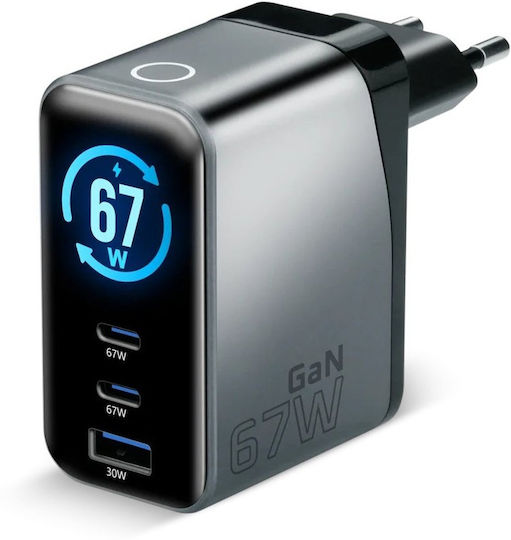 EverActive GaN Charger Without Cable with USB-A Port and 2 USB-C Ports 67W Power Delivery Grey (SC-670Q)