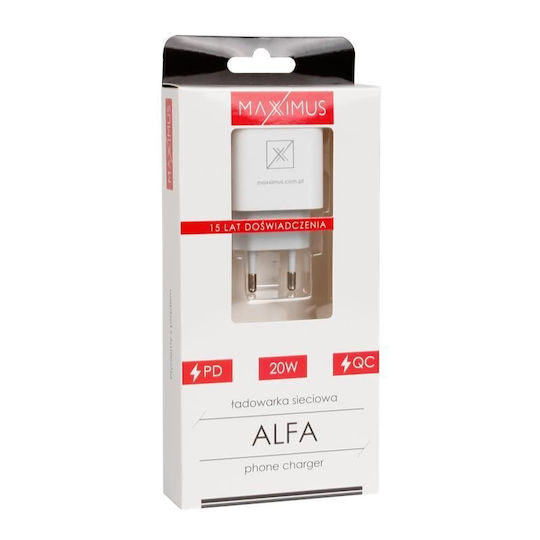 Maxximus Ladegerät ohne Kabel mit USB-A Anschluss und USB-C Anschluss 20W Stromlieferung / Schnellaufladung 2.0 / Schnellaufladung 3.0 Weißs (MX Alfa)