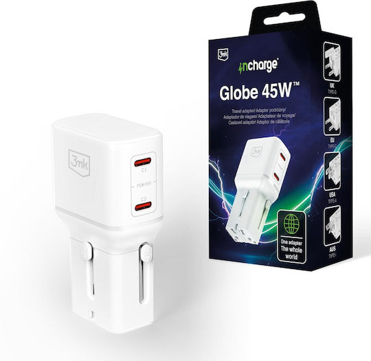 3MK Зарядно Устройство Без Кабел с 2 USB-C Порта 45W Power Delivery / Quick Charge 4.0 Бял (Incharge Globe)