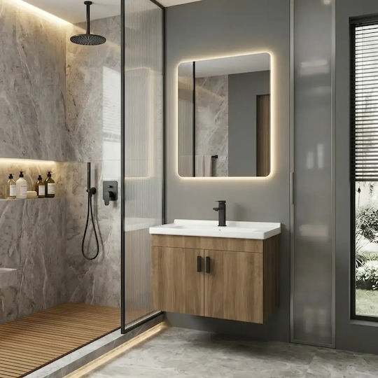 Polihome Blister Vanity Unit with Sink & Mirror with Light Natural Wood