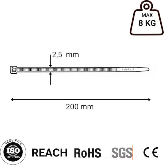 Tretytka Πλαστικά Δεματικά Καλωδίων 200mmx2.5mm σε Μαύρο χρώμα (100τμχ)