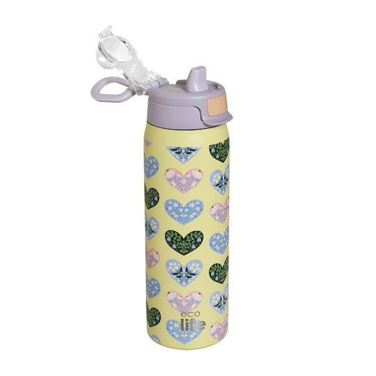 Ecolife Recycelbare Thermosflasche Rostfreier Stahl BPA-frei 650ml Blossom Hearts mit Stroh