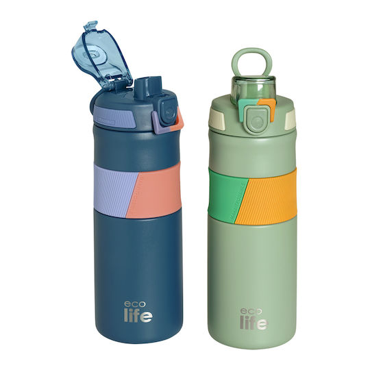 Ecolife Recycelbare Thermosflasche Rostfreier Stahl BPA-frei 500ml Blau mit Handgriff