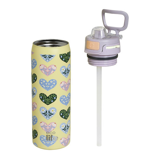 Ecolife Recycelbare Thermosflasche Rostfreier Stahl BPA-frei 650ml Blossom Hearts mit Stroh