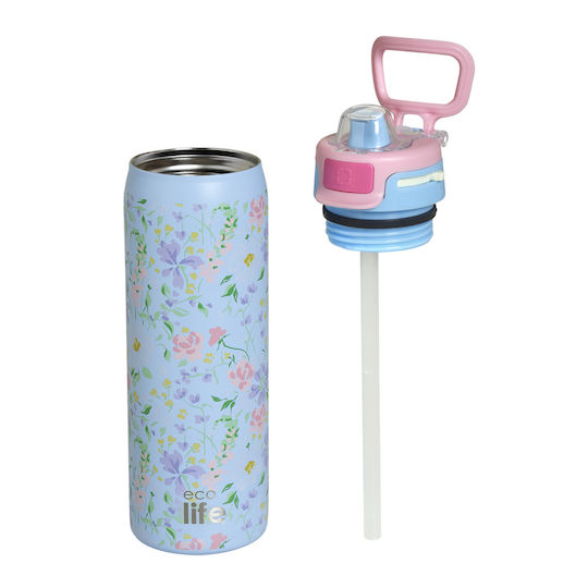 Ecolife Recycelbare Thermosflasche Rostfreier Stahl BPA-frei 650ml Springtime mit Stroh