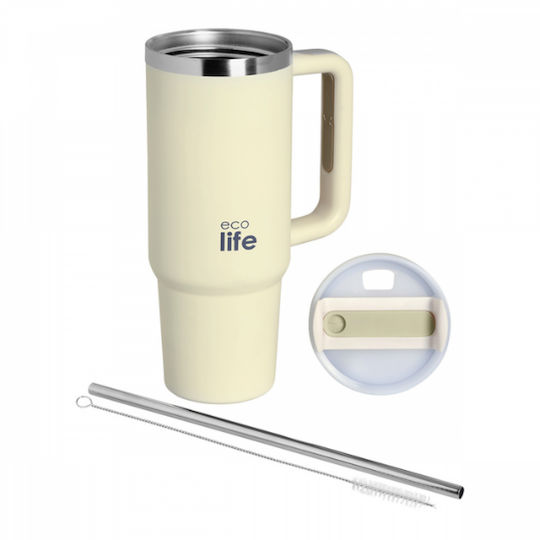Ecolife Thermos Bottle Stainless Steel BPA Free 900ml With Double Walls To Enjoy Cold Water Or Hot Drink For Many Hours With Straw