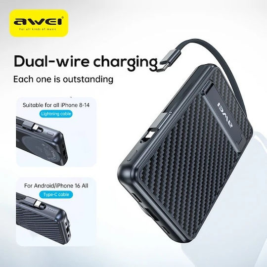 Awei PA-25 MagSafe Power Bank 10000mAh 22.5W with USB-A Port and USB-C Port Black