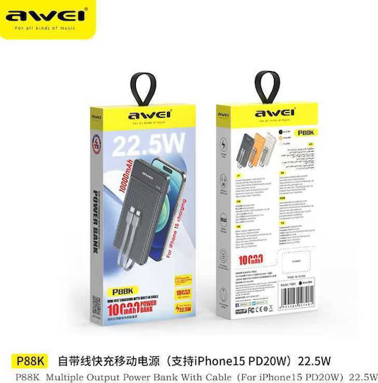 Awei P88K Power Bank 10000mAh 22.5W mit USB-A Ausgangsanschlüsse und USB-C Ausgangsanschlüsse Schwarz