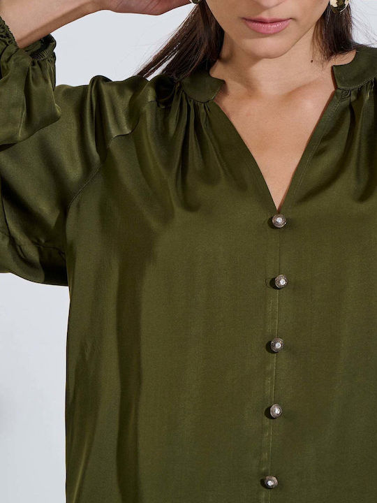 Bill Cost Bill Cost Damen Satin Langärmeliges Top mit V-Ausschnitt Olive