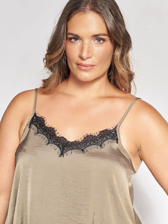 Дамска Сатенена Lingerie Top с Дантела Кафява