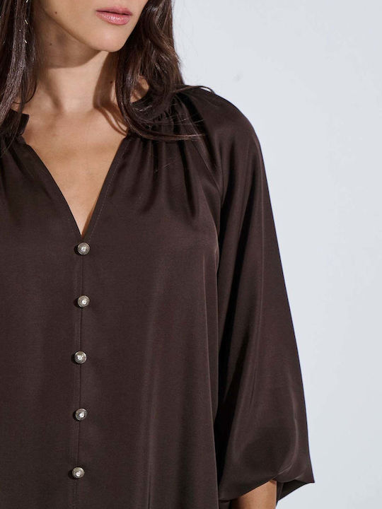 Women's Satin Long Sleeve Blouse with V-Neck Brown