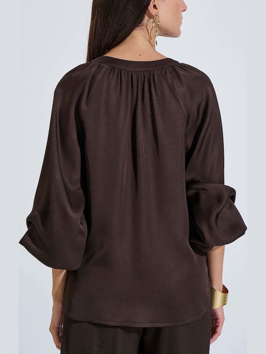Women's Satin Long Sleeve Blouse with V-Neck Brown