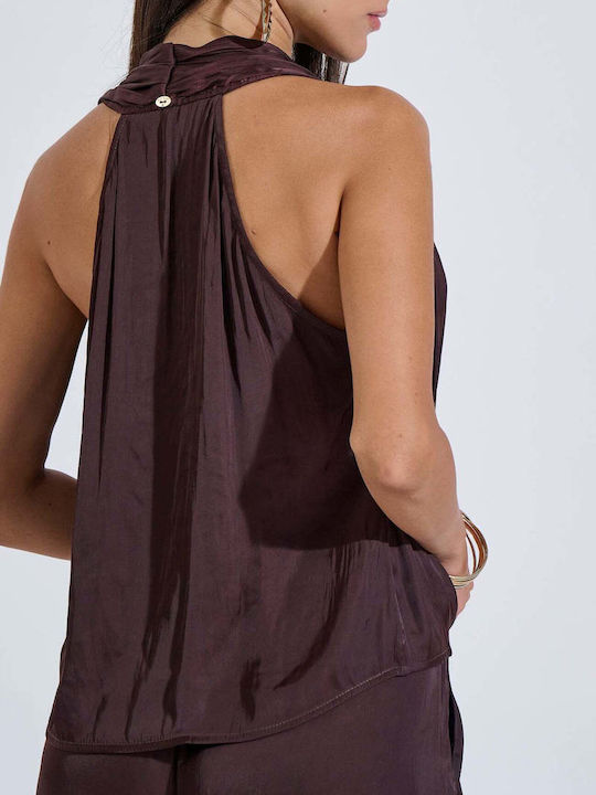Damen Bluse Satin Ärmellose Braune
