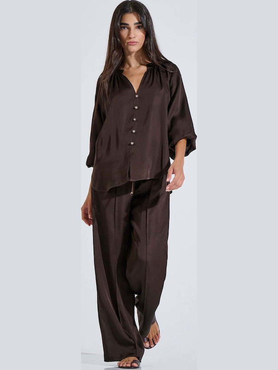 Women's Satin Long Sleeve Blouse with V-Neck Brown
