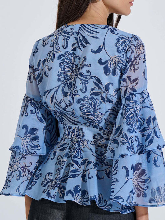 Damenbluse mit 3/4 Ärmel & V-Ausschnitt Blumen Muster Hellblau