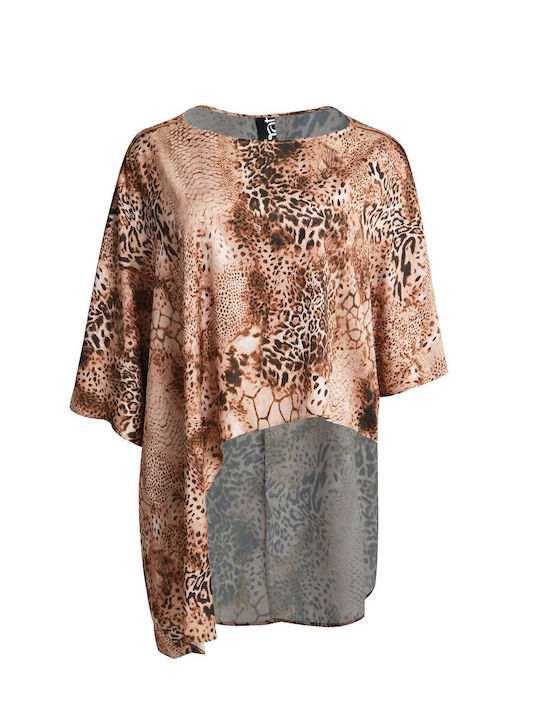 Bluza Damă Satin Mâneci Scurte Animal Print Maro