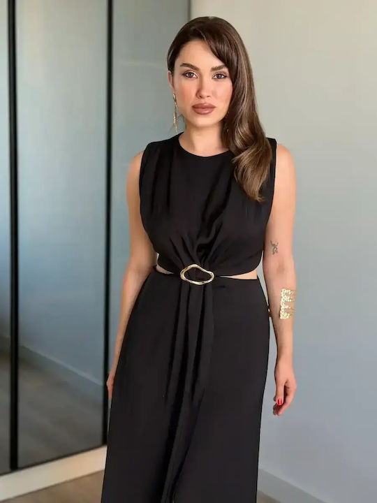 Summer Midi Evening Satin Dress with Slit Black