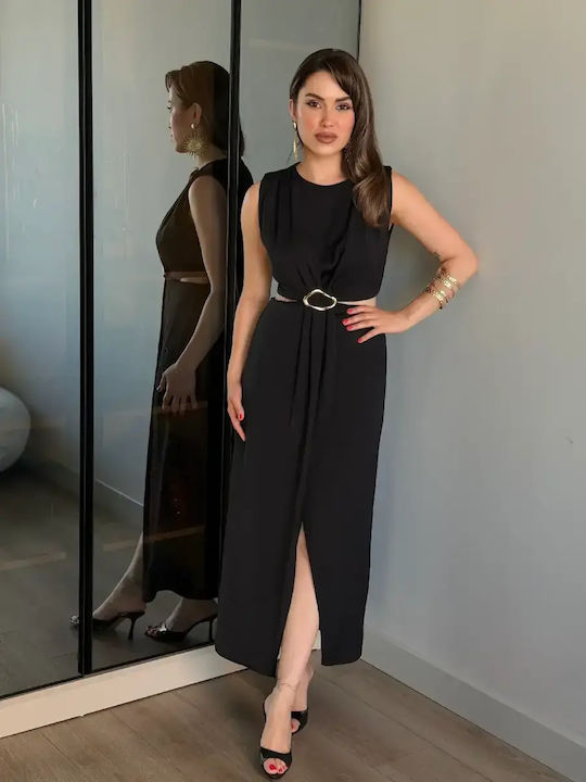 Summer Midi Evening Satin Dress with Slit Black