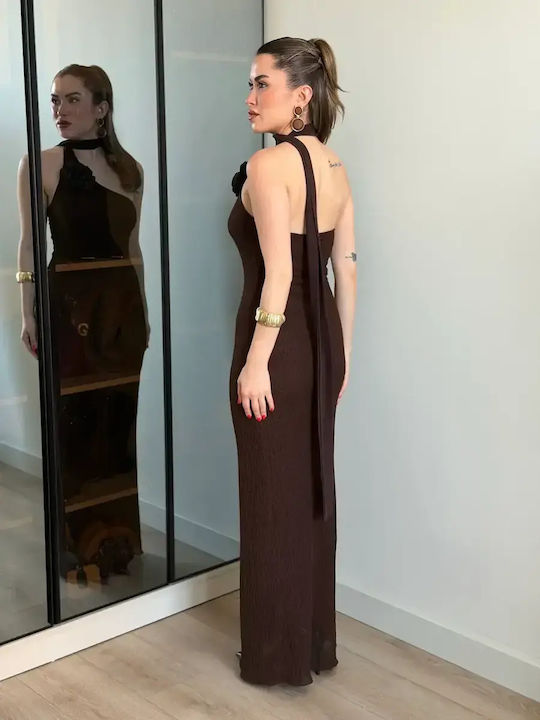 Summer Maxi Evening Slip Dress with Lace Brown