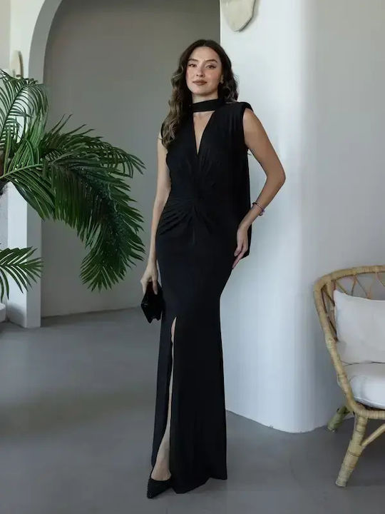 Sommer Maxi Abendkleid Satin Off-Shoulder Schwarz