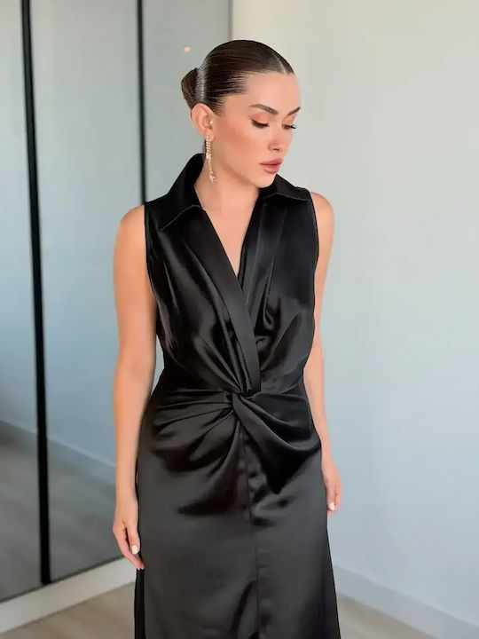 Summer Maxi Evening Satin Slip Dress with Tearing Black