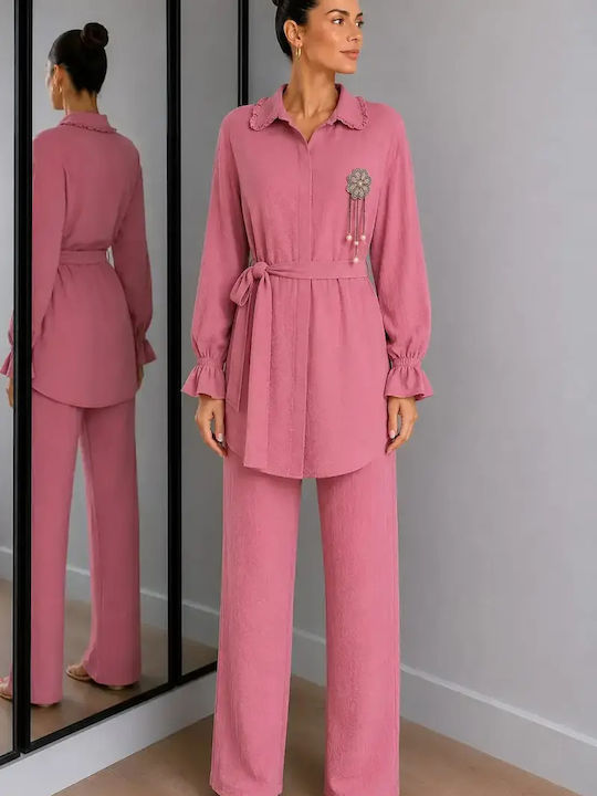 Women's Pink Set with High Rise Trousers with Rubber Band Floral