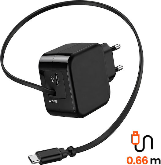 Linq Pocket Ladegerät Usb-c 20w Ausziehbares Kabel Usb-c Port Schwarz