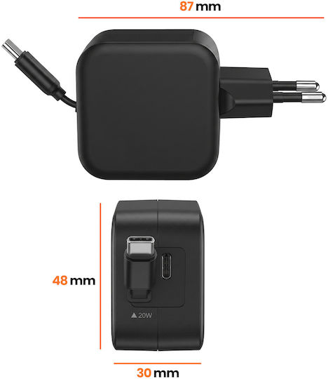 Linq Pocket Ladegerät Usb-c 20w Ausziehbares Kabel Usb-c Port Schwarz