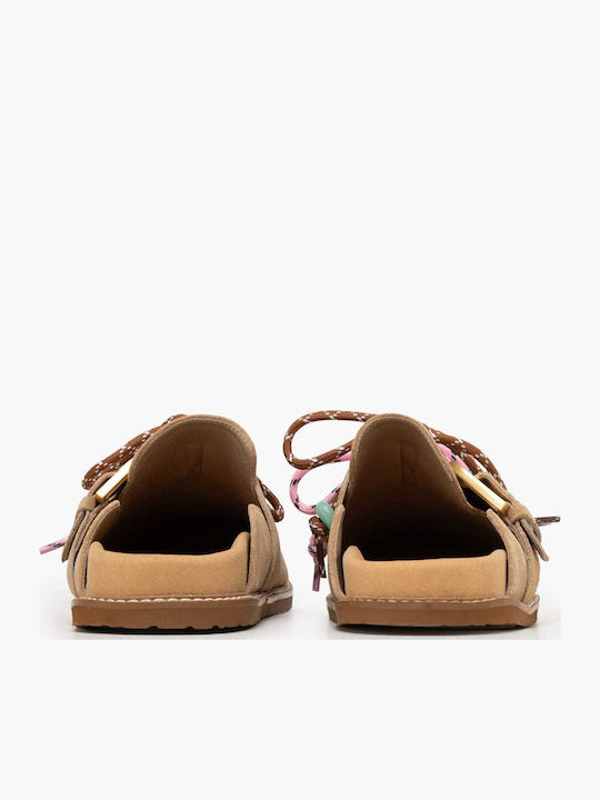 Leather Mules With Heel In Tabac Brown Color