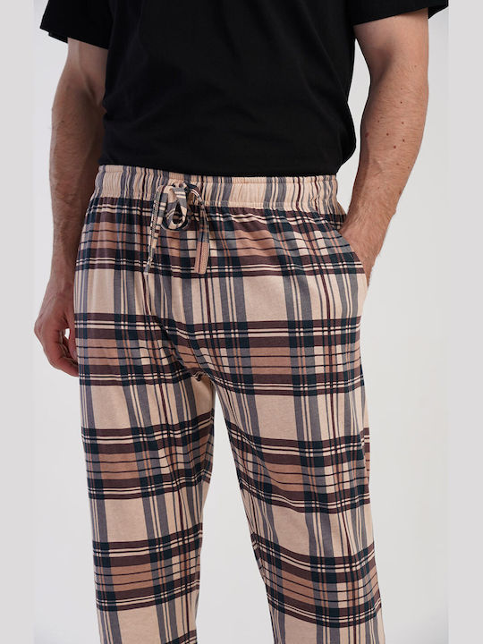 Vienetta Secret Pantaloni de pijamale pentru bărbați de vară în carouri maro Vienetta Secret Pantaloni de pijamale pentru bărbați de vară în carouri maro
