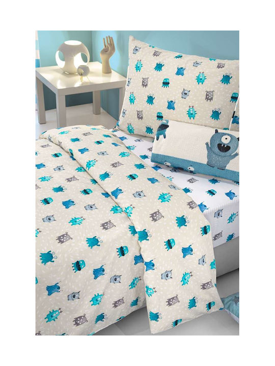 Saint Clair Set Single Cotton Sheets Monsters Blue 115x170cm 3 Pieces