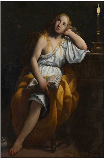 Πίνακας Mary Magdalen Long Wavy Blonde Hair Seated Leaning Her Pl Upper Arm On A Table Heavy Turned Leg; Mary Wears A White Gown Exposing Her Pr Breast Arm A Loop Gold Fabric Around Her Lap 100x150