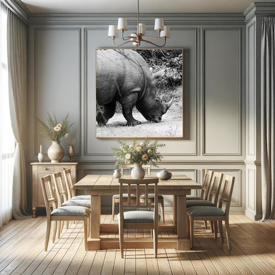 Painting Grazing Rhino In Black White Rhinoceros Grazes Black White 110x110