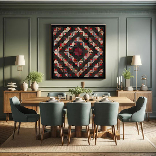 Painting Blocks Arranged In Barn Raising Pattern Block Centers Red Wool Strips In Variety Solid Colors Prints Blue Edge Binding Back Is Black White Small Floral Print On Grey Ground 110x110