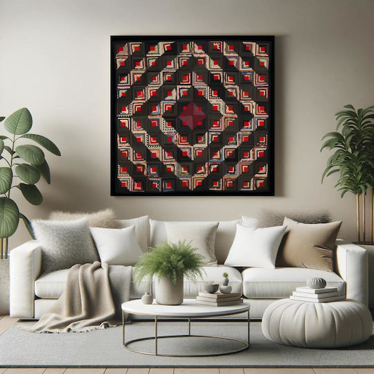 Painting Blocks Arranged In Barn Raising Pattern Block Centers Red Wool Strips In Variety Solid Colors Prints Blue Edge Binding Back Is Black White Small Floral Print On Grey Ground 110x110
