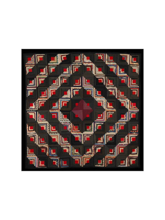 Painting Blocks Arranged In Barn Raising Pattern Block Centers Red Wool Strips In Variety Solid Colors Prints Blue Edge Binding Back Is Black White Small Floral Print On Grey Ground 110x110