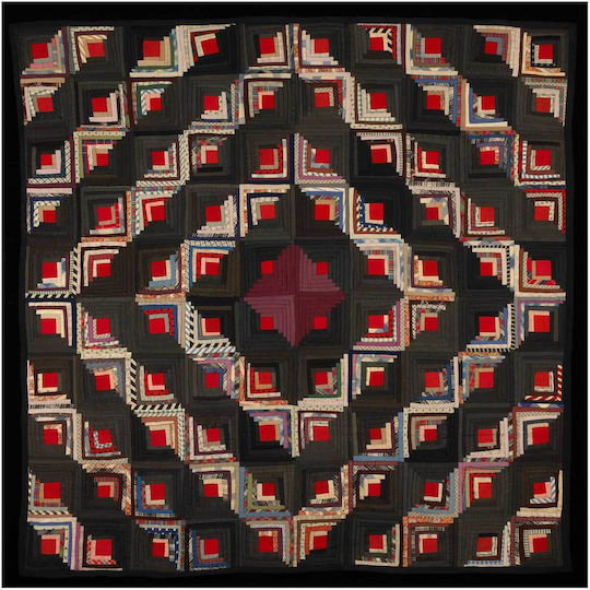 Painting Blocks Arranged In Barn Raising Pattern Block Centers Red Wool Strips In Variety Solid Colors Prints Blue Edge Binding Back Is Black White Small Floral Print On Grey Ground 110x110