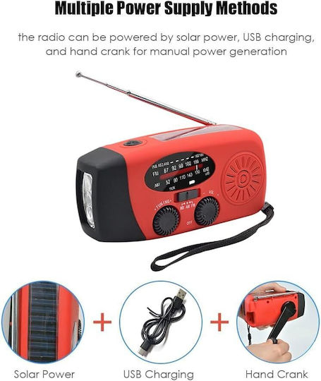 Radio Portabil Multifuncțional 3 în 1 Zola Lanternă LED SOS Solar Încărcare Manuală USB Funcție de Încărcare a Telefonului Mobil Impermeabil 2000 mAh AM FM 130 x 60 x 45 mm Negru Roșu